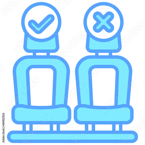 Seat blue color icons, related to transportation, ride sharing theme