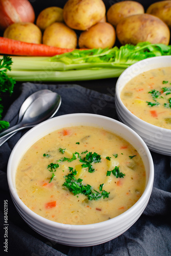 Bowls of German Potato Soup (Kartoffelsuppe) Garnished with Parsley: Bowls of vegetable soup with potatoes, celery, carrots , and garlic