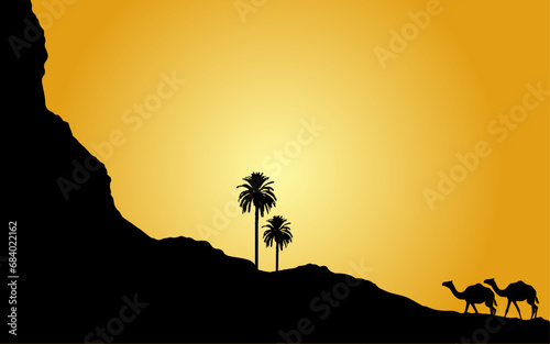 Desert Mountain palm trees Silhouette landscape Background vector illustration wallpaper islamic theme background