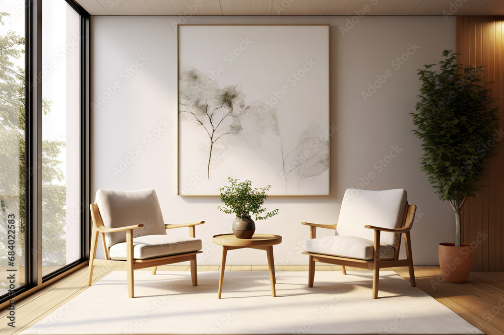 Scandinavian Simplicity Two Armchairs in a Modern Living Room with White Wall and a Striking Frame Poster. created with Generative AI