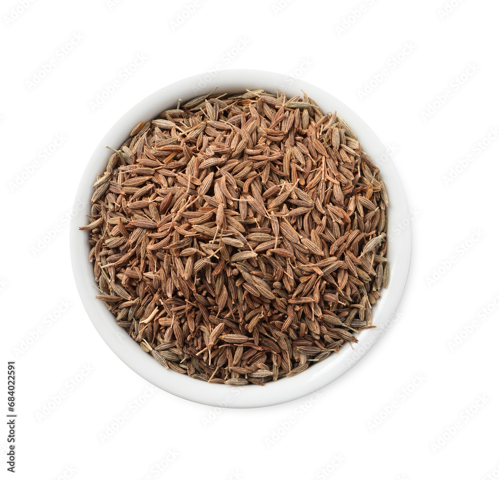 Bowl of aromatic caraway (Persian cumin) seeds isolated on white, top view Bowl of aromatic caraway (Persian cumin) seeds isolated on white, top view