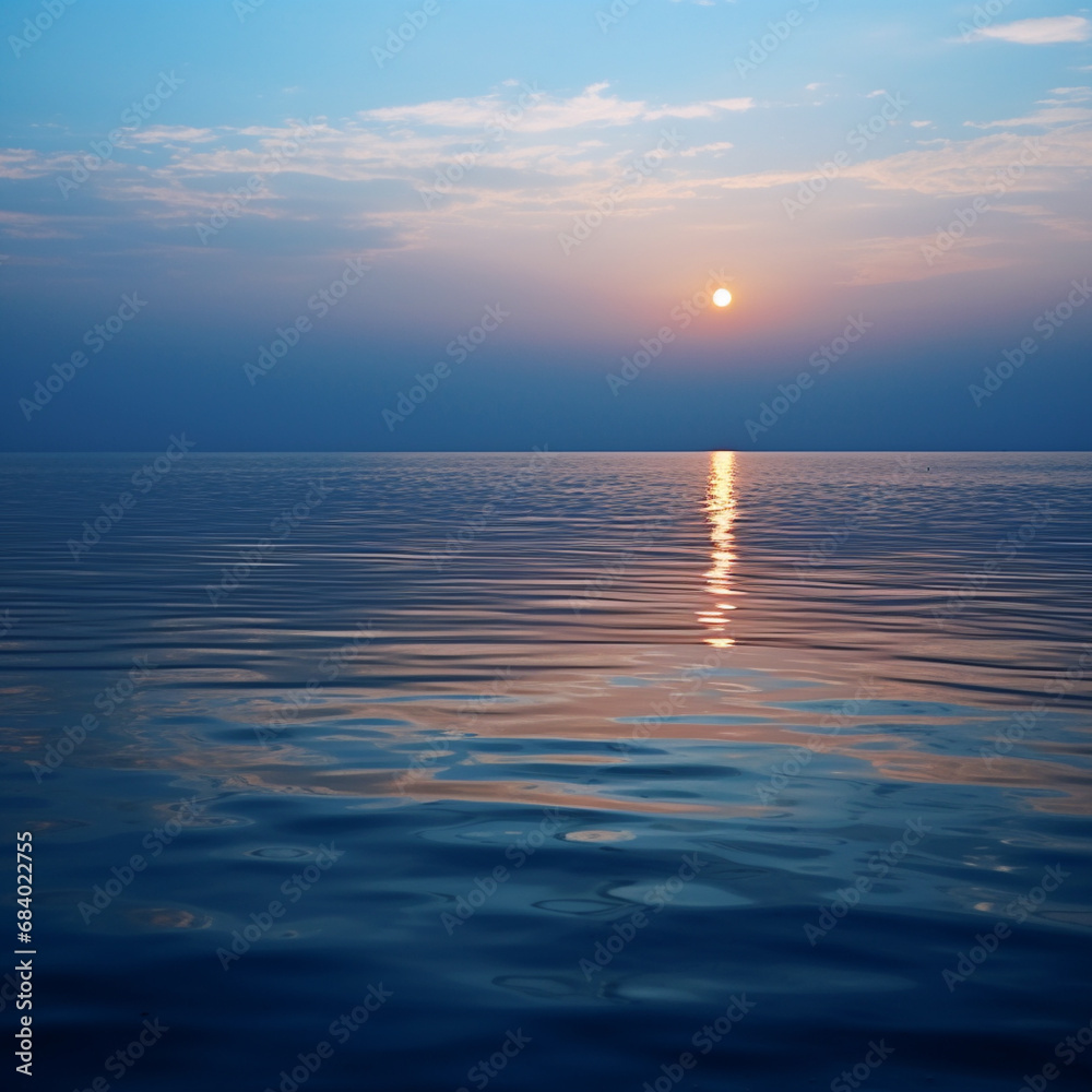 Over sea horizon, in the style of sparkling water reflections, light gold and dark blue
