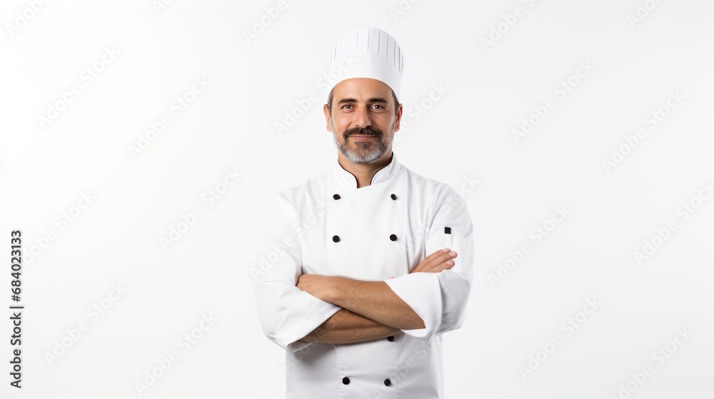 A Professional cook with arms folded looking at camera, side view, half body shot, isolated background