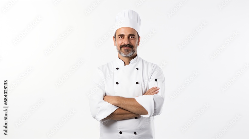 A Professional cook with arms folded looking at camera, side view, half body shot, isolated background A Professional cook with arms folded looking at camera, side view, half body shot, isolated background