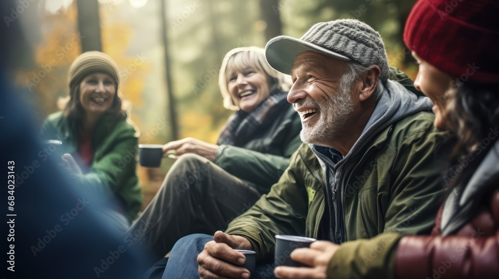 A Candid capture of joyful senior citizens enjoying companionship at a social club. Collect friendships and fun during camping adventures in misty forests and lakes. A Candid capture of joyful senior citizens enjoying companionship at a social club. Collect friendships and fun during camping adventures in misty forests and lakes.