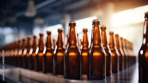 A Brown and green beer bottles on a white blurred background of a production line with copy space on a white background.