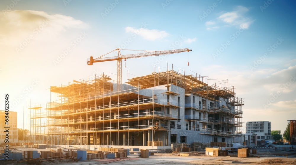 Construction background: A Construction site of large residential commercial building, some already built, large metal structure with bright sky background. Construction background: A Construction site of large residential commercial building, some already built, large metal structure with bright sky background.