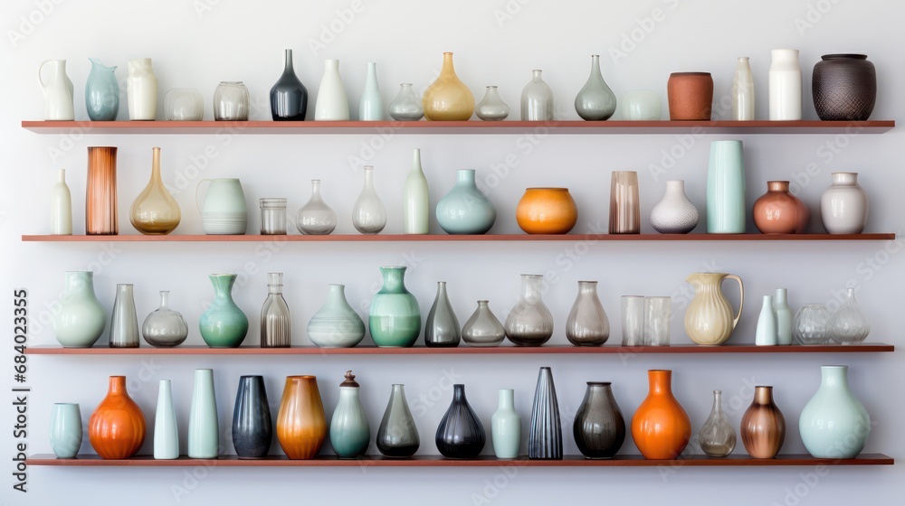 a shelf lined with several empty vases, cups and utensils isolated on white background.
