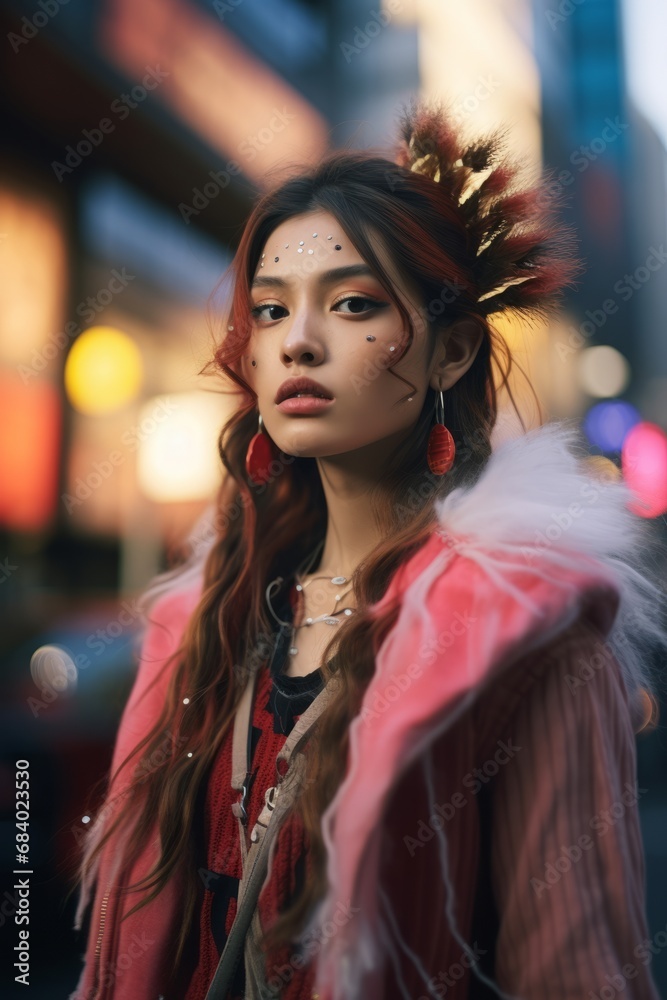 Asian Fashion Model, Futuristic Fashion, Street Photo, Carnival Costume, Night, City Lights, Celebrate, glittering, bokeh, depth of field, beautiful portrait shot, urban fashion, tokyo, Japan, China