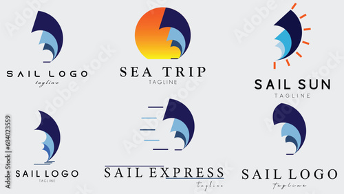 collection blue sailing boat logo set vector illustration design photo