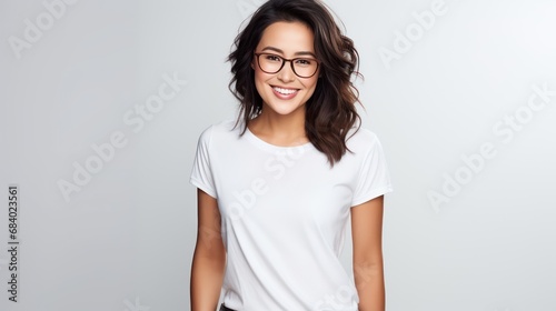 Attractive brunette Asian woman wearing a white t-shirt and glasses Isolated on white background.