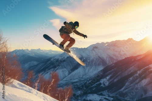 Men snowboard extreme jumping mountain stunt adventure photo