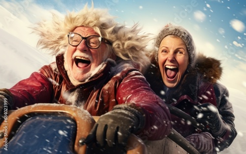 Older people friends riding on snow tubing from the hill with funny emotions