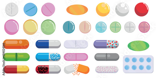 Set of many different pills on white background photo