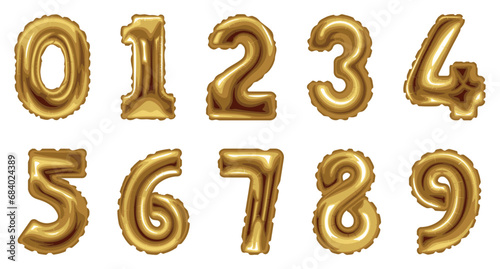Set of golden balloons in shape of figures on white background