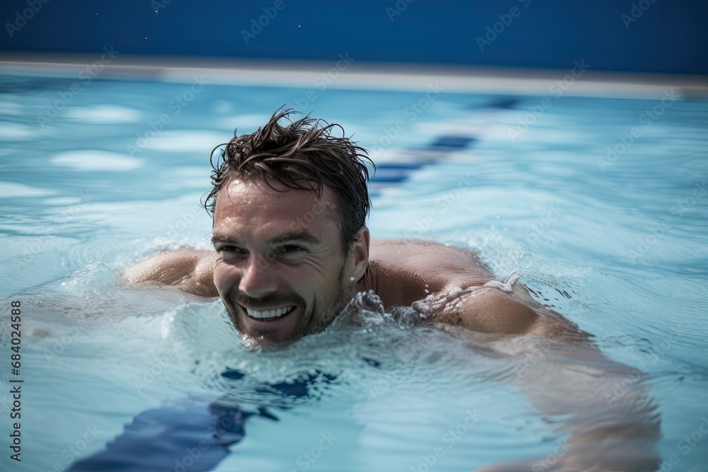 Joyful Man Swimming in Pool
