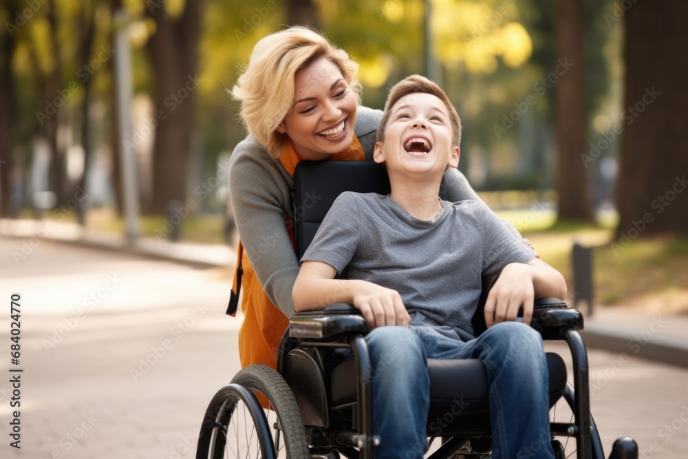 Caucasian blonde mother with her disabled son in wheelchair laugh in city park Caucasian blonde mother with her disabled son in wheelchair laugh in city park