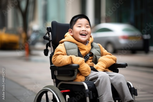 Young asian little boy on wheelchair laugh alone on city street