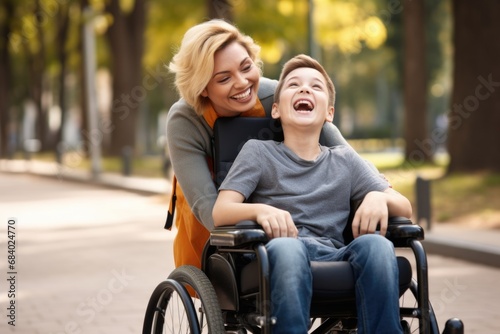 Caucasian blonde mother with her disabled son in wheelchair laugh in city park photo