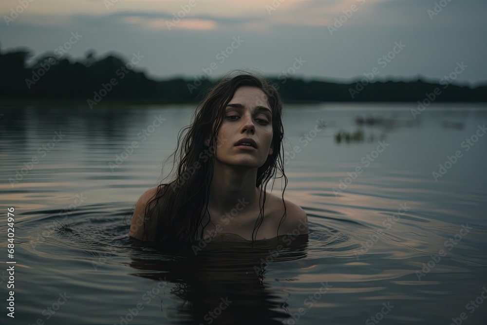 Solitary Woman Contemplating in Water at Dusk Solitary Woman Contemplating in Water at Dusk