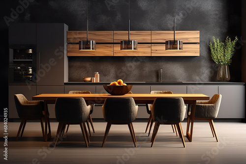 Contemporary Elegance Spacious Kitchen with Modern Interior Design  Wood Table  and Chairs Against a Dark Classic Wall. created with Generative AI