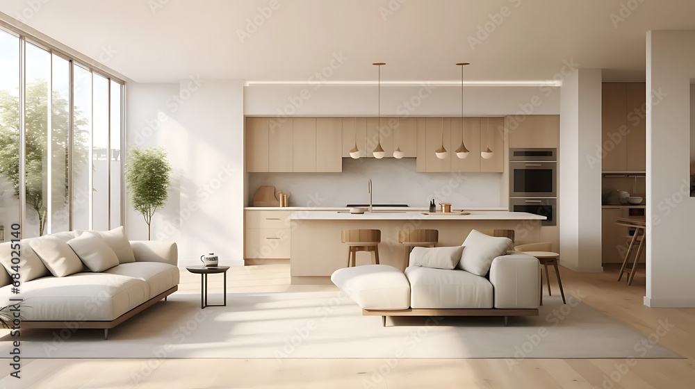 A modern minimalist home interior design with clean lines, sleek furniture, and neutral color palette, featuring an open-concept living space connected to a spacious kitchen, bathed in natural light