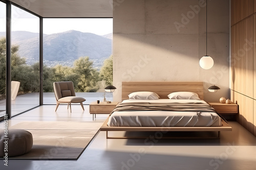 Contemporary Comfort Interior Design of Modern Bedroom with a Wooden Bed on a Stylish Concrete Floor. created with Generative AI © Amornrat