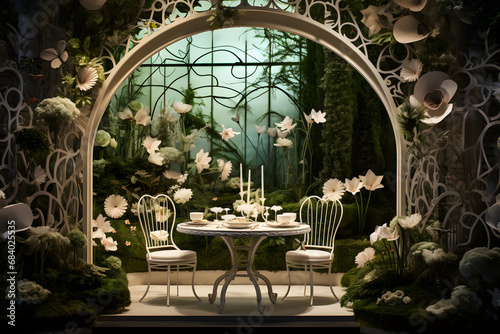 A papercraft garden tea party, with intricate paper art table settings and floral arrangements that create an enchanting ambiance. Ai Generated.NO.03