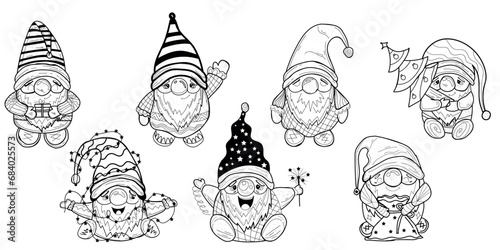 Set of cute drawn New Year gnomes on white background