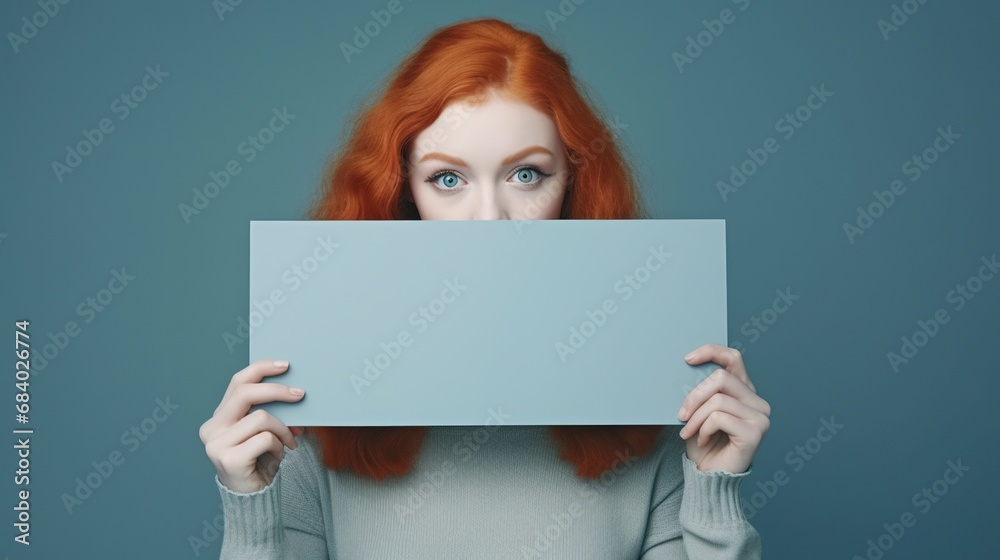 Beautiful red head girl holding a blank board , free space for text Beautiful red head girl holding a blank board , free space for text
