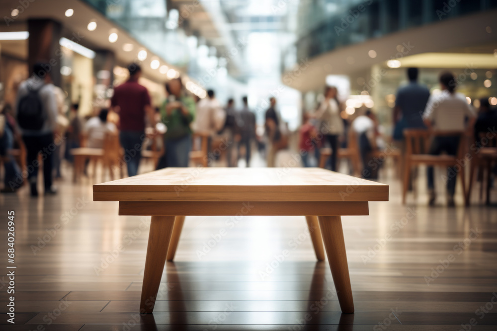 Empty wooden table surrounded by people in shopping mall, soft focus, blurred overlap