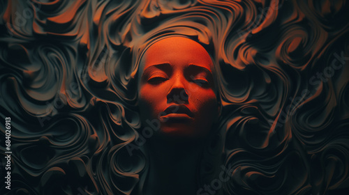 Abstract shapes represent fear, 3d woman face surrounded by chaotic 3d swirls representing unstable mood photo