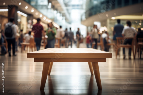 Empty wooden table surrounded by people in shopping mall  soft focus  blurred overlap