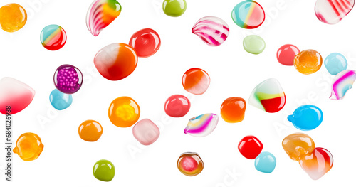 Colorful raibow candy falling on transparent background, png. falling jellybeans	 photo