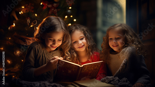 3 children opening christmas presents by a well lit christmas tree