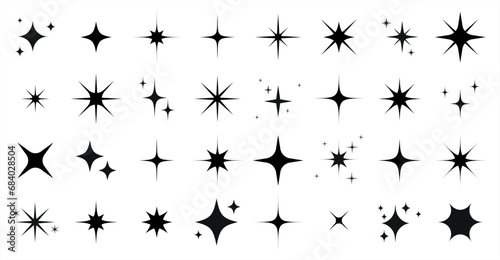 Christmas sparkles, stars and bursts icons, twinkling stars. Vector set of different black sparkles icons on transparent background. Vector illustration