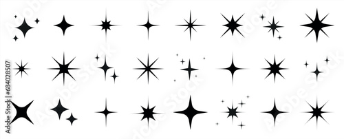 Christmas sparkles, stars and bursts icons, twinkling stars. Vector set of different black sparkles icons on transparent background. Vector illustration