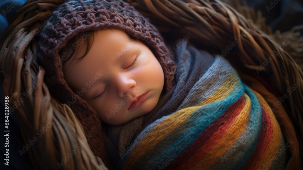 A sleeping newborn baby swaddled or wrapped in a colorful blanket and wearing a stocking cap. A sleeping newborn baby swaddled or wrapped in a colorful blanket and wearing a stocking cap.