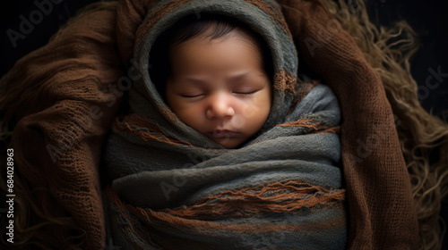 A sleeping newborn baby swaddled or wrapped in a dark colored blanket.