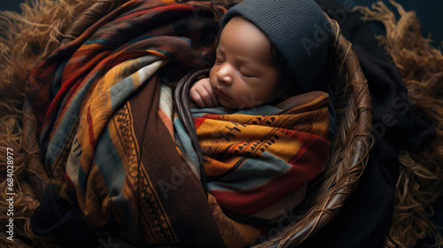 A sleeping newborn African American baby swaddled or wrapped in a colorful blanket and wearing a stocking cap. photo