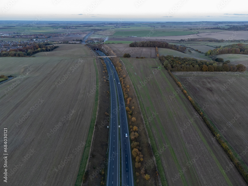Highway Leading to Tunnel Surrounded by Fields, View from 120 Meters