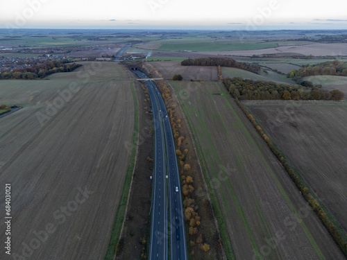 Highway Leading to Tunnel Surrounded by Fields, View from 120 Meters