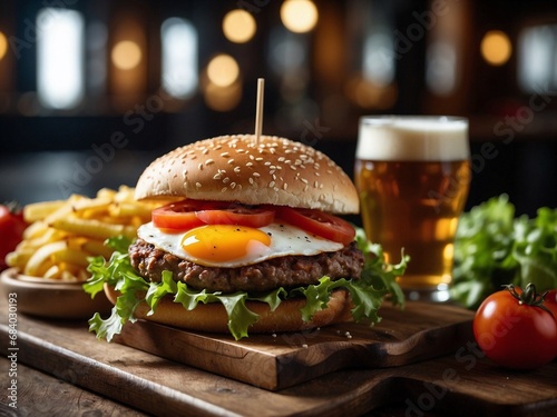 Burger with egg and beer photo