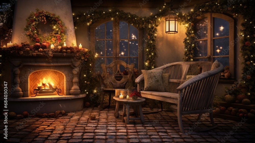 A cozy outdoor fireplace adorned with heart-shaped garlands and flickering candlelights under a starry night sky.