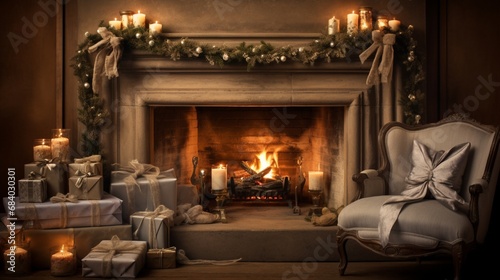 A cozy fireplace with crackling flames, featuring love letters tied with ribbon and a vintage photo frame. © Bea