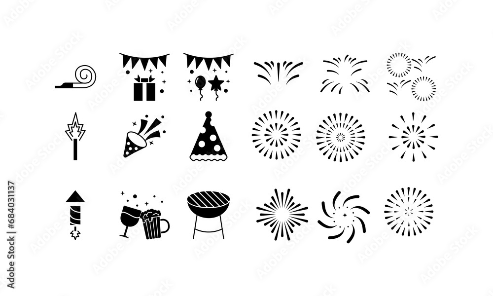 icon set happy new year,gift box,ballon,confetti,beer,cheers,noise maker,barbeque,party hat,firework,fire cracker,isolated white background with black fill style.
icon set happy new year,gift box,ballon,confetti,beer,cheers,noise maker,barbeque,party hat,firework,fire cracker,isolated white background with black fill style.