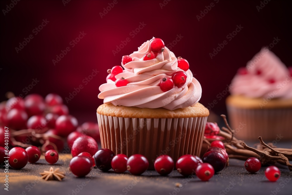 Tasty cranberry cupcake and fresh berries on black background Tasty cranberry cupcake and fresh berries on black background