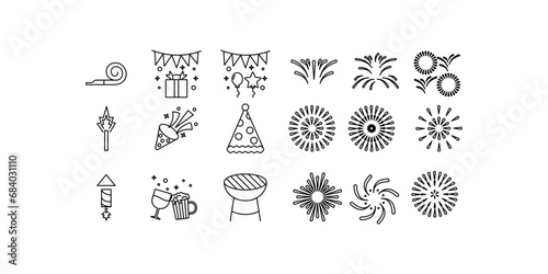 
icon set happy new year,gift box,ballon,confetti,beer,cheers,noise maker,barbeque,party hat,firework,fire cracker,isolated white background with line style.
