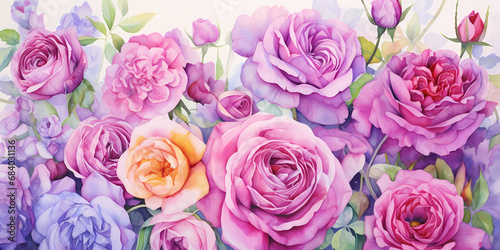 Watercolor picture of various colored roses blooming brightly in the garden. 