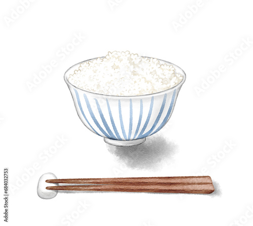 White rice served in a bowl and chopsticks (with shadow), painted with digital watercolor